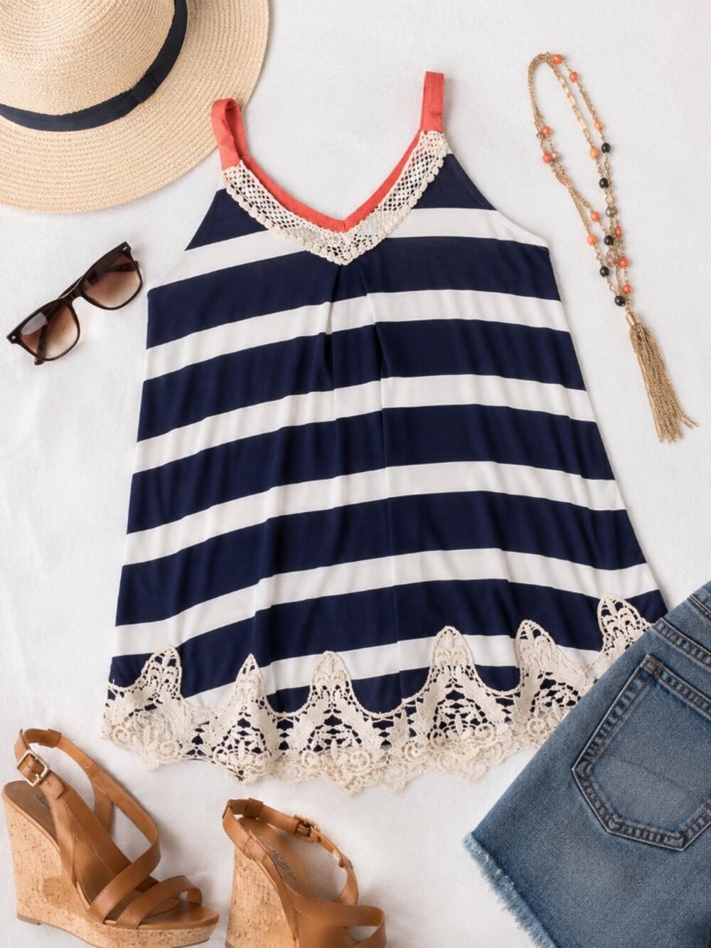 Xhilaration | Navy, White & Pink Striped Tank Top with Lace Detail | Sz XS